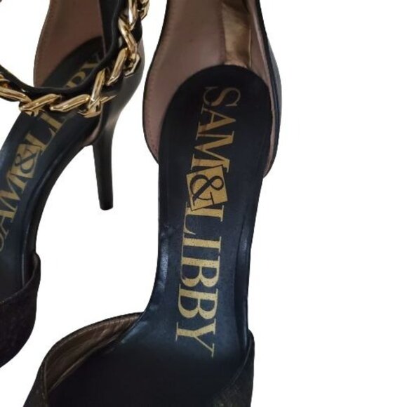 Sam & Libby Black/Gold Snake Print Ankle Chain Stiletto Heels Pumps Women's Sz 8 - Picture 6 of 12